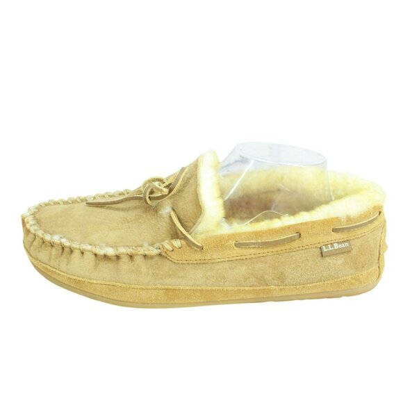 LL Bean Men’s Brown Suede Shearling Lined Moccasin Slippers Size 12 M - Picture 1 of 9
